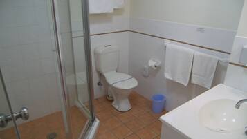 Een badkamer met een douchecabine van glas, een toilet, een wastafel en een blauwe prullenbak.