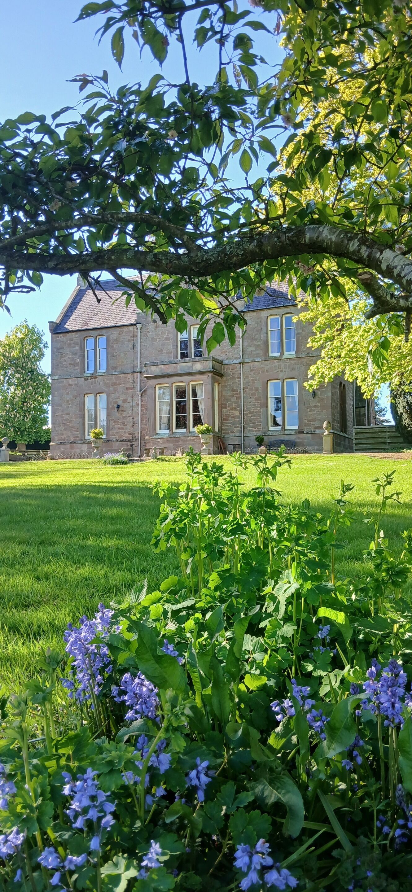 A two-story stone building with a well-maintained lawn and flowering plants in the foreground.