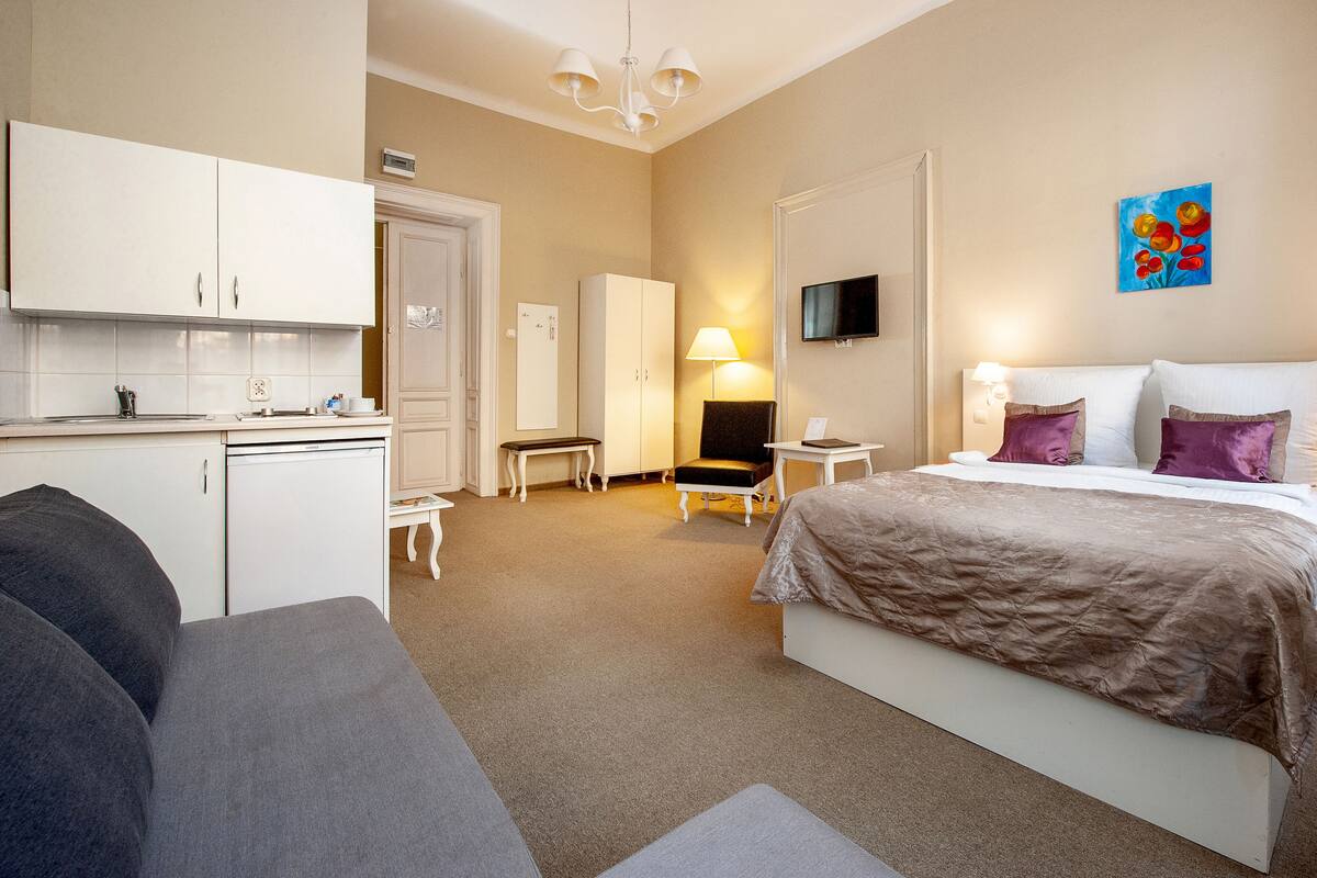 A hotel room with a bed, a desk, a chair, a TV, and a kitchenette.