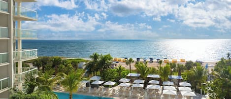 On the beach, sun loungers, beach umbrellas, beach towels