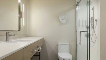 A modern bathroom with a glass-enclosed shower, a white toilet, and a vanity with a mirror and sink.