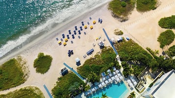 On the beach, sun loungers, beach umbrellas, beach towels