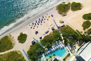 On the beach, sun-loungers, beach umbrellas, beach towels