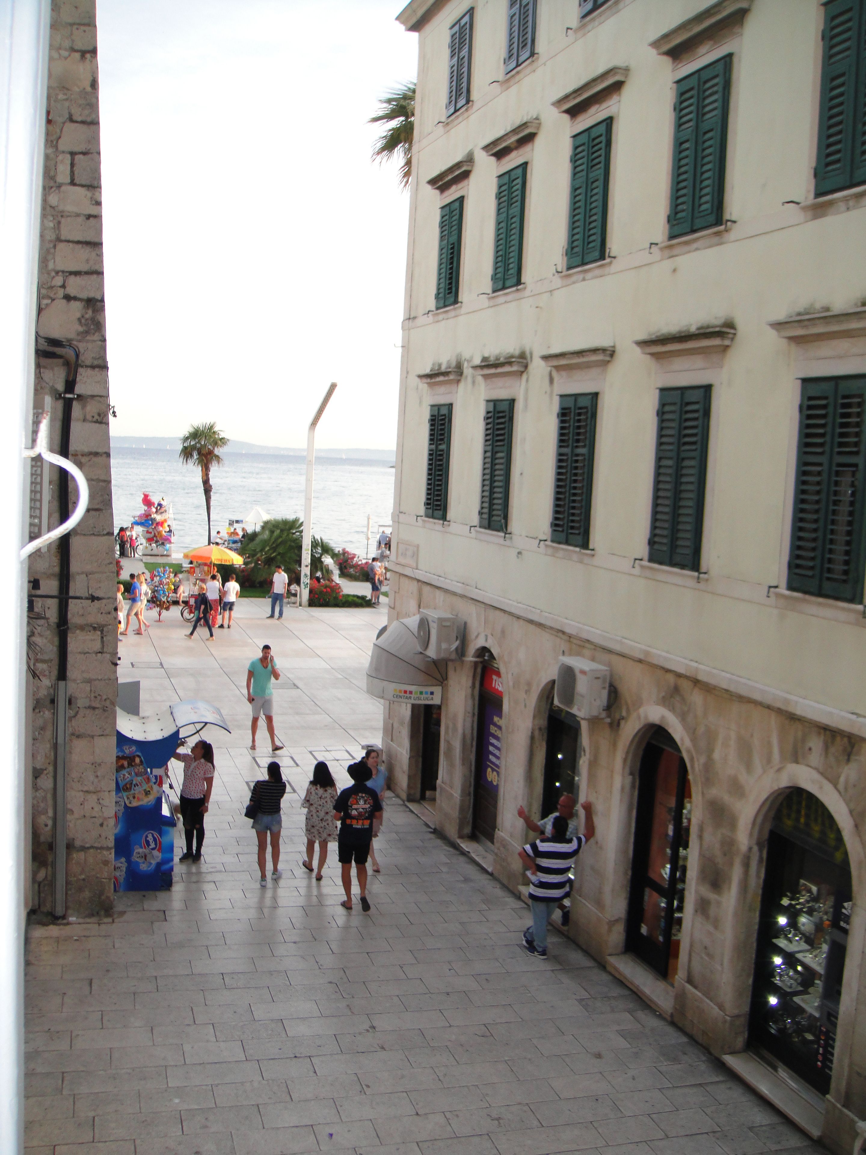 A pedestrian street with buildings, a palm tree, and people walking.
