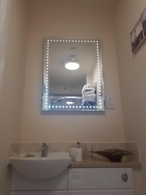 A bathroom with a large mirror, a sink, and a towel rack.