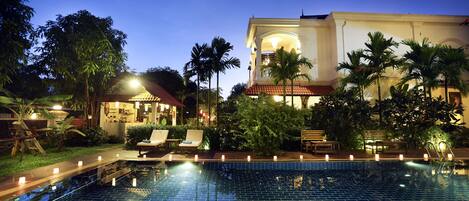 Outdoor pool, pool umbrellas, pool loungers