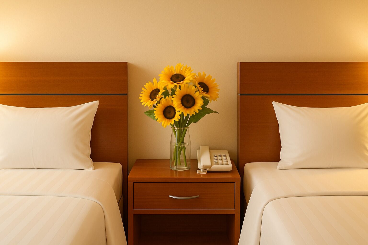A hotel room with two beds, a nightstand with a vase of sunflowers, a telephone, and a drawer.