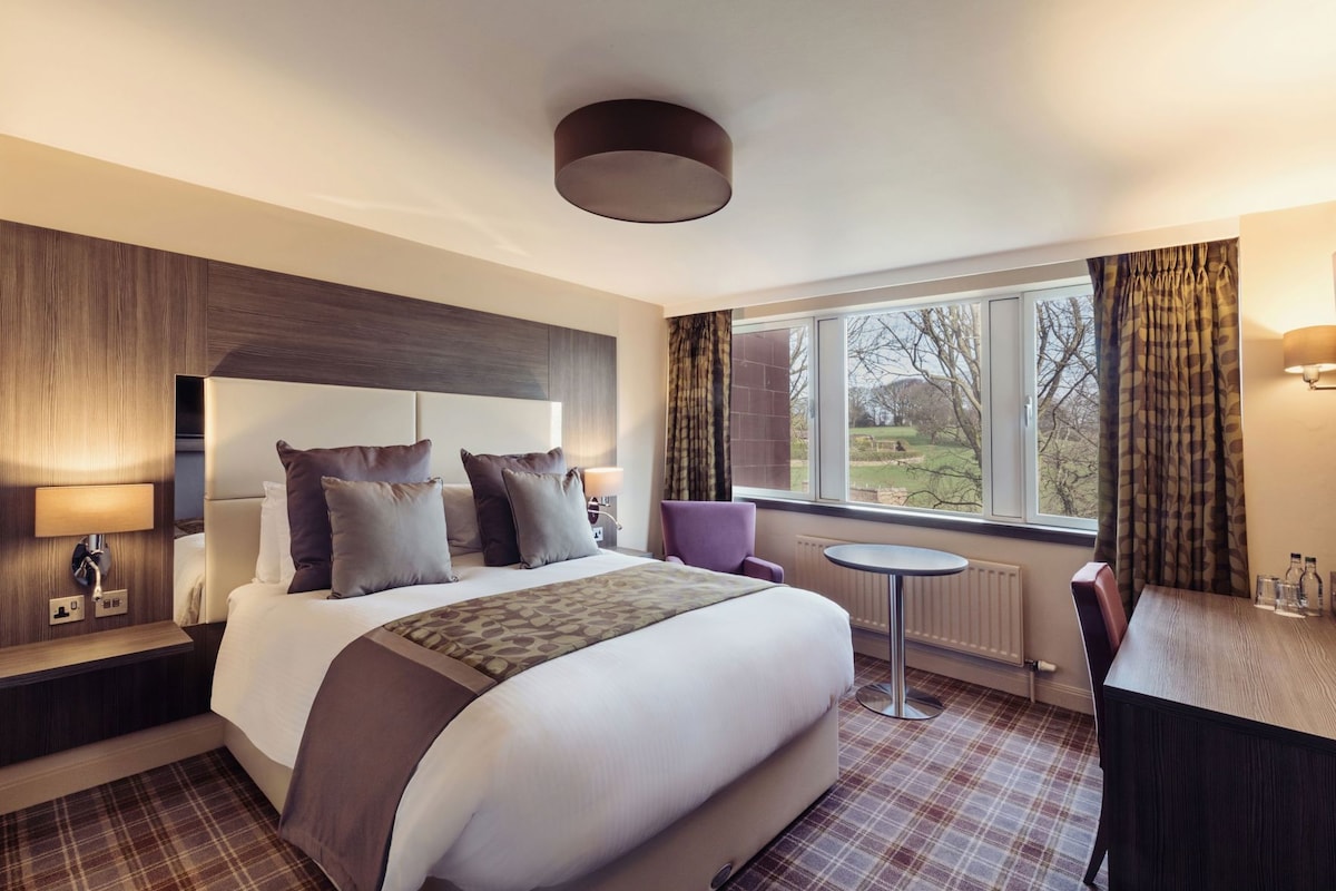 A hotel room with a large bed, a small round table, a chair, a window with a view, and a headboard.