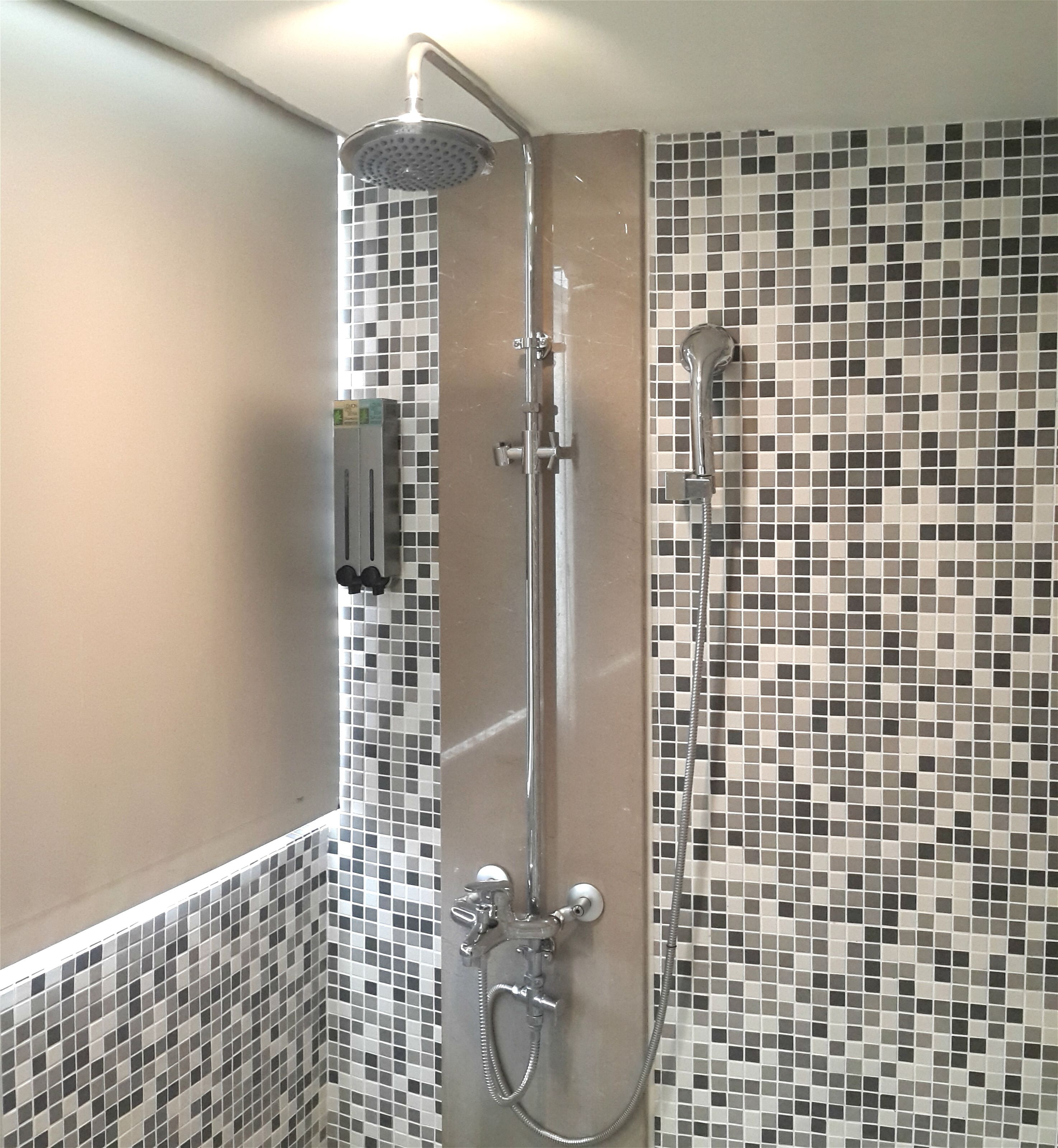 A shower with a handheld showerhead and a wall-mounted faucet.