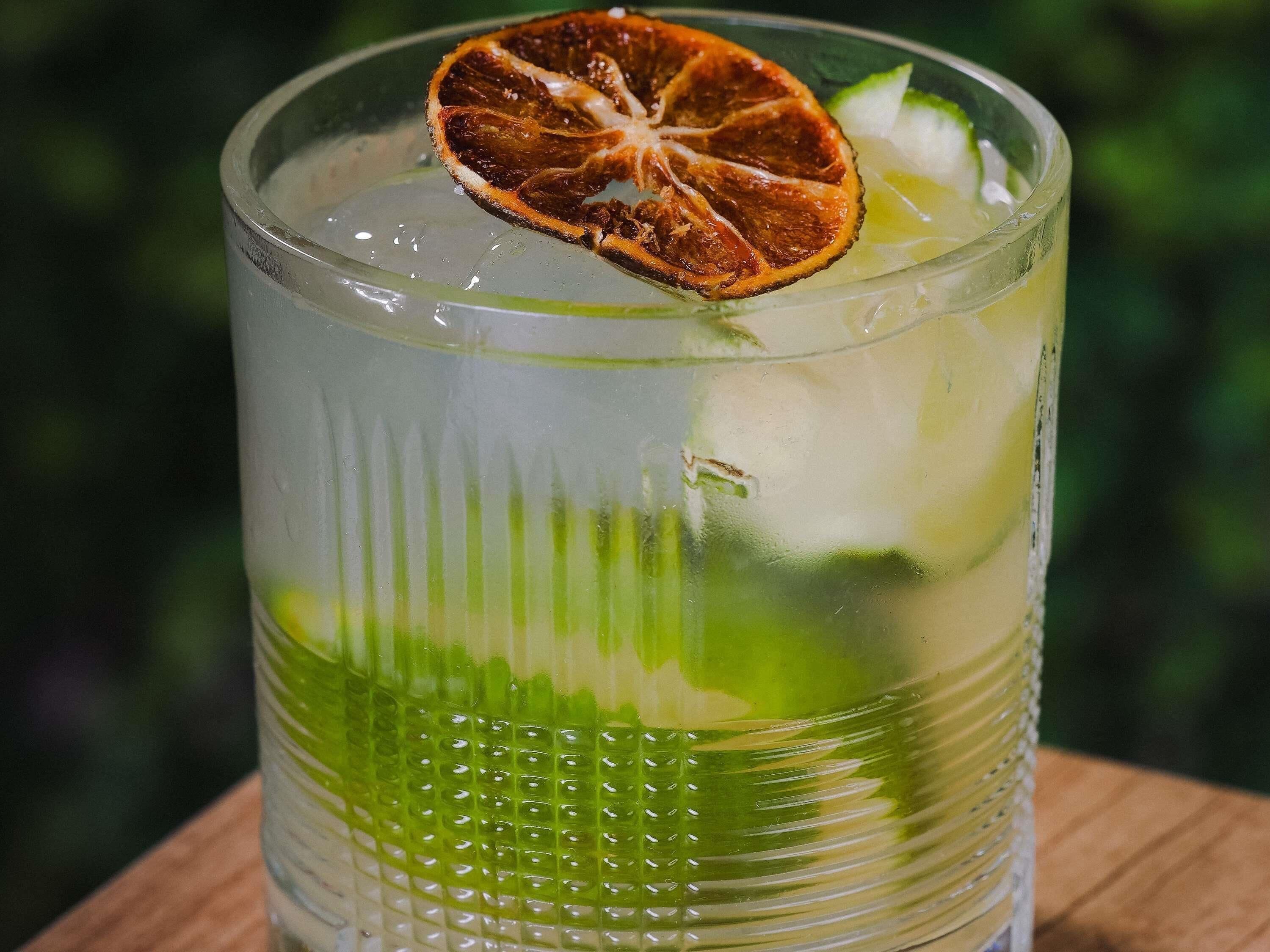 Um copo com uma fatia de laranja seca, gelo e limão.