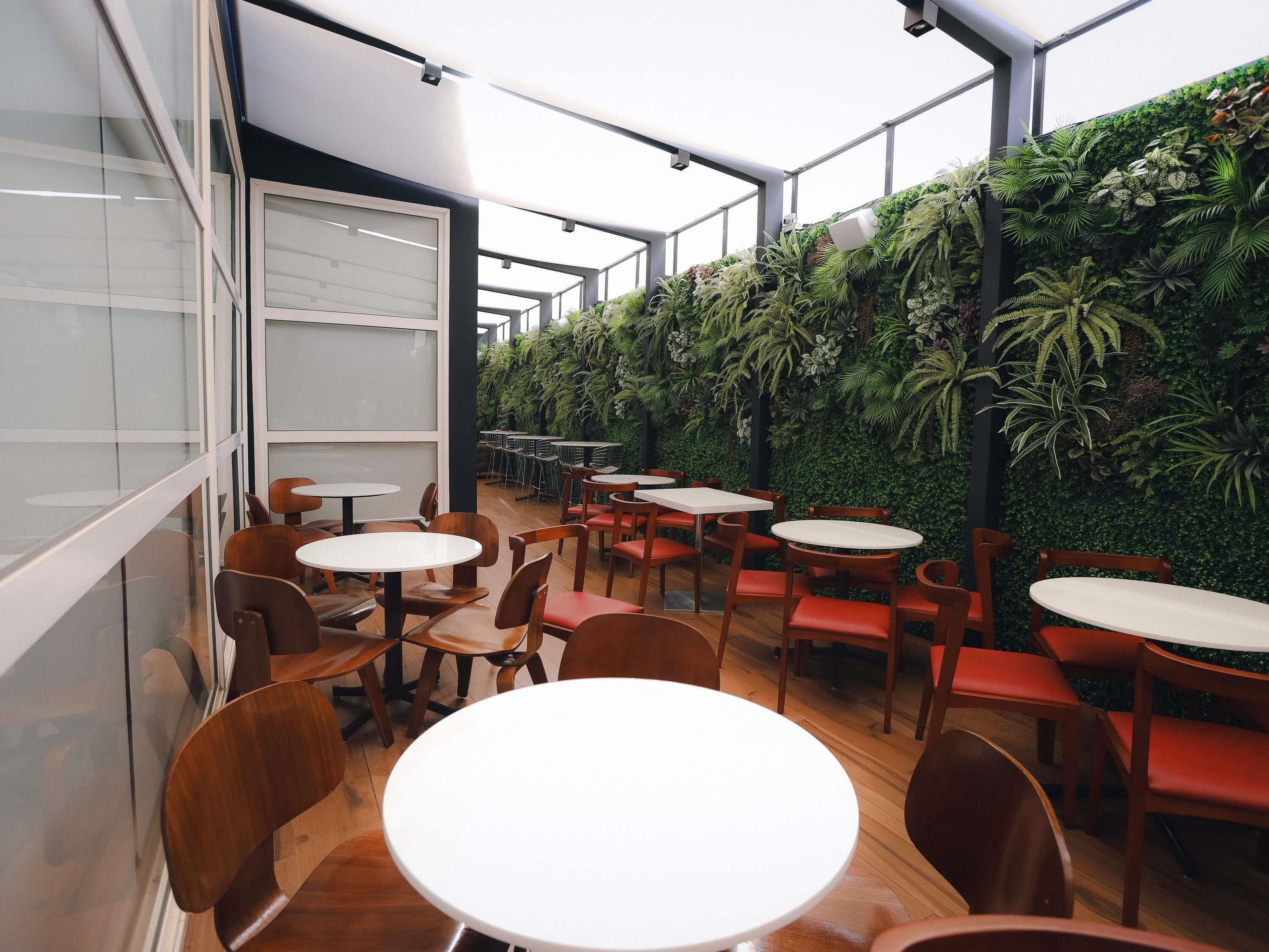 Un café moderno en el interior, con mesas redondas y sillas de madera, rodeado de un exuberante muro cubierto de plantas.
