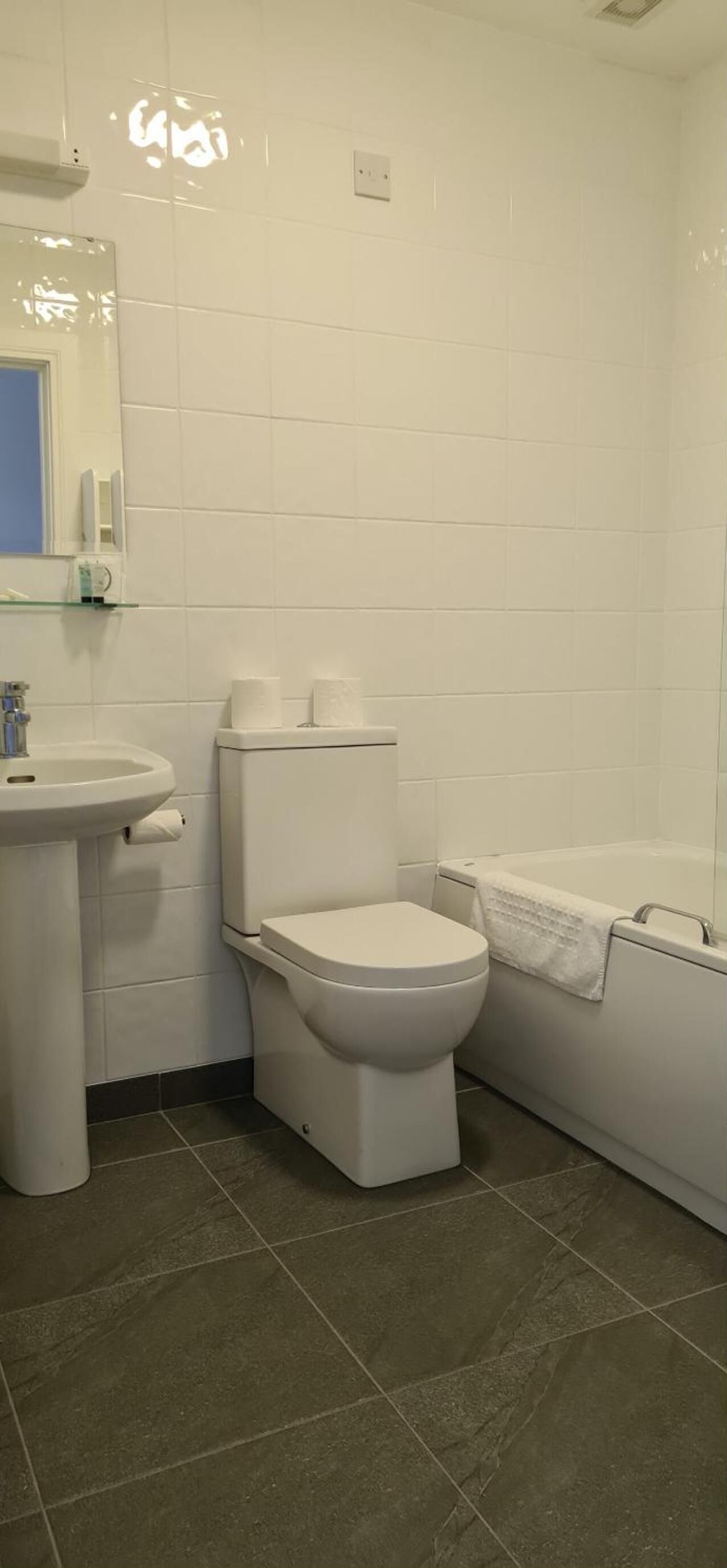 combined shower/bathtub, hair dryer, towels