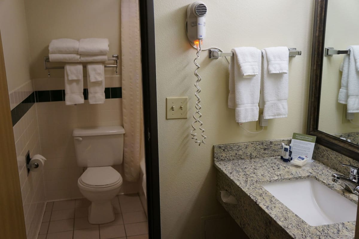 Bathroom | Combined shower/tub, free toiletries, hair dryer, towels