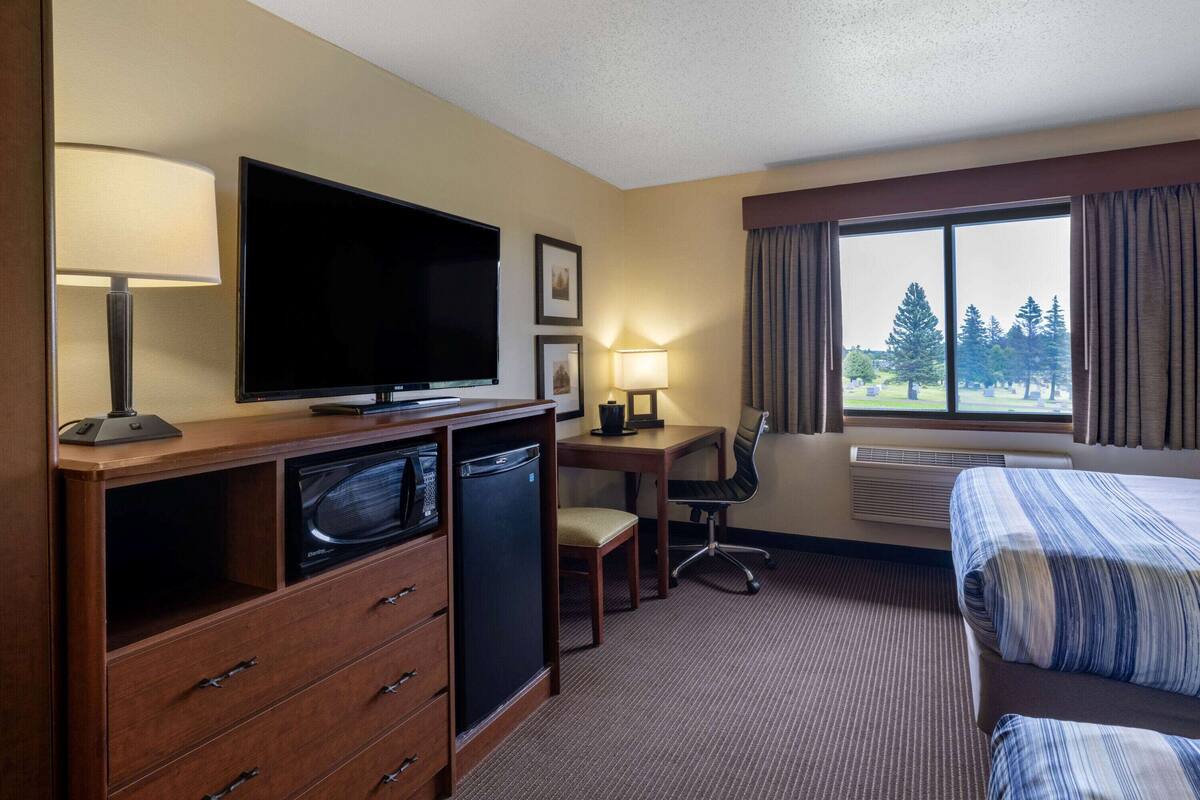 Une chambre d’hôtel comprenant un lit, un bureau avec un ordinateur, une télévision, une chaise et une fenêtre donnant sur des arbres.