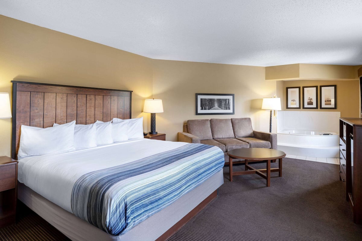 Une chambre d’hôtel avec un grand lit, un canapé, une petite table, une lampe, un tableau au mur et une baignoire.