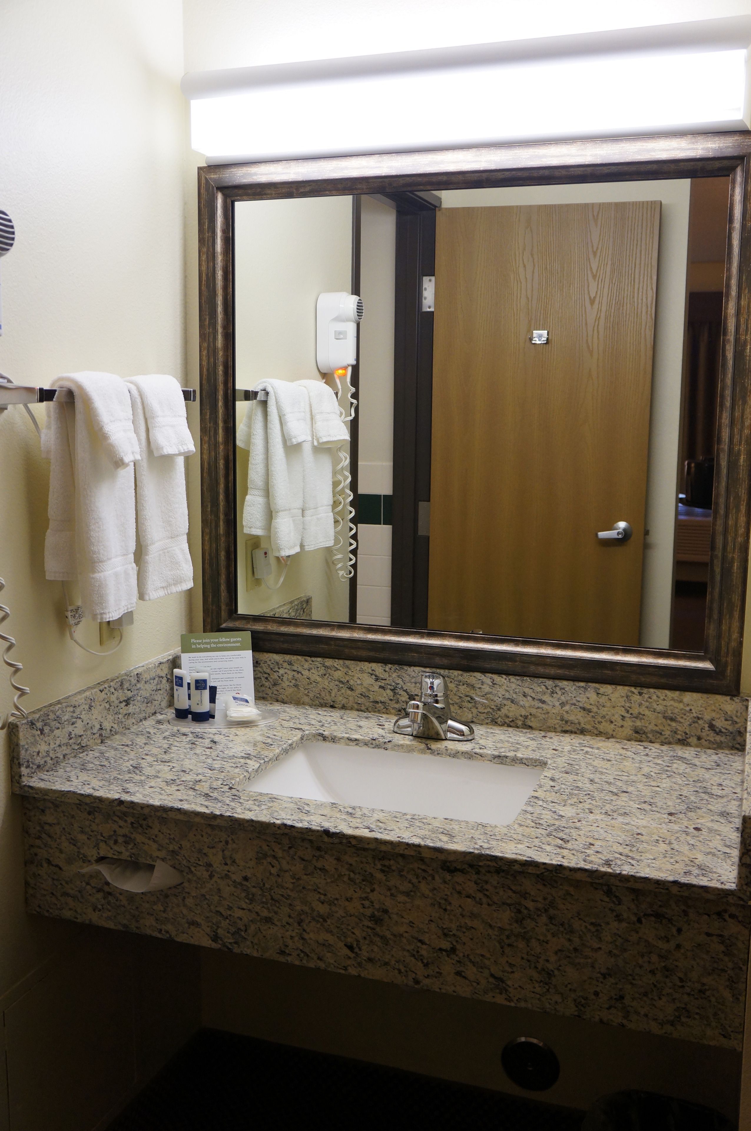 combined shower/bathtub, free toiletries, hair dryer, towels