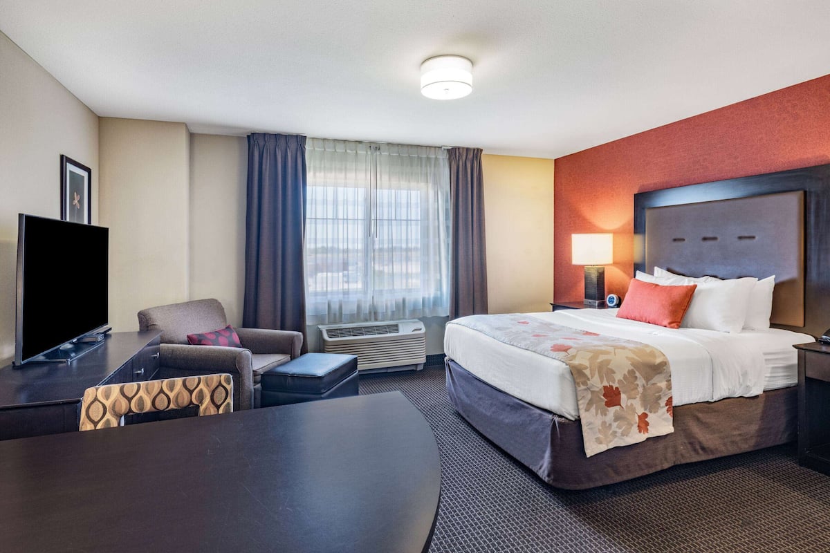 Quarto de hotel com cama, escrivaninha, cadeira, televisão e janela com cortinas.