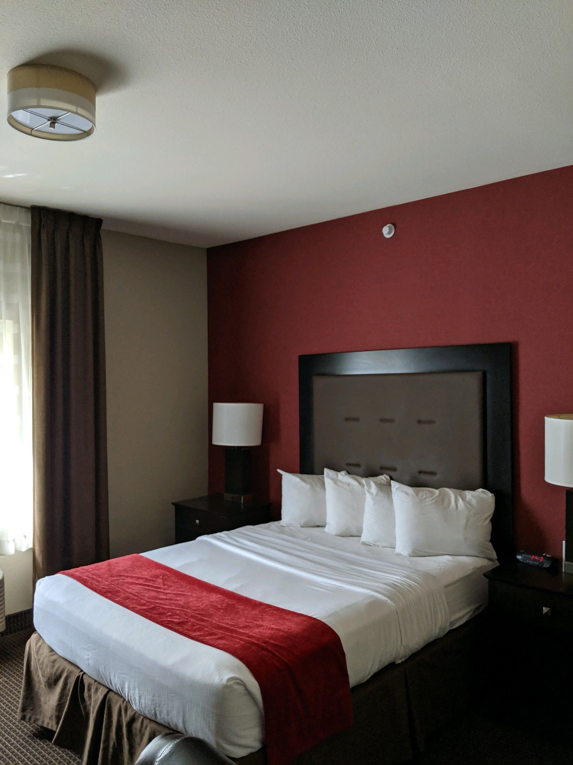A hotel room with a large bed, red walls, and two bedside lamps.