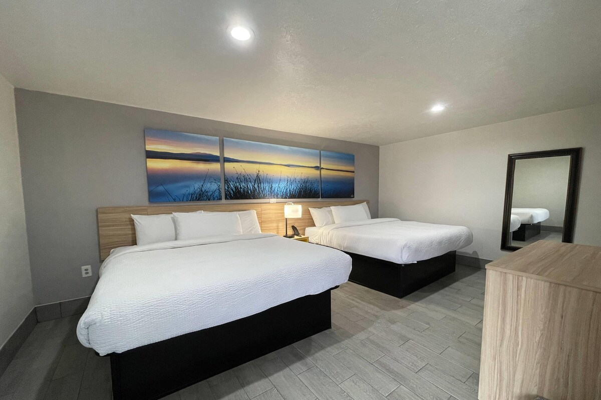 Habitación de hotel con dos camas, un cuadro grande encima de ellas, una mesita de noche con lámpara y un espejo en la pared.