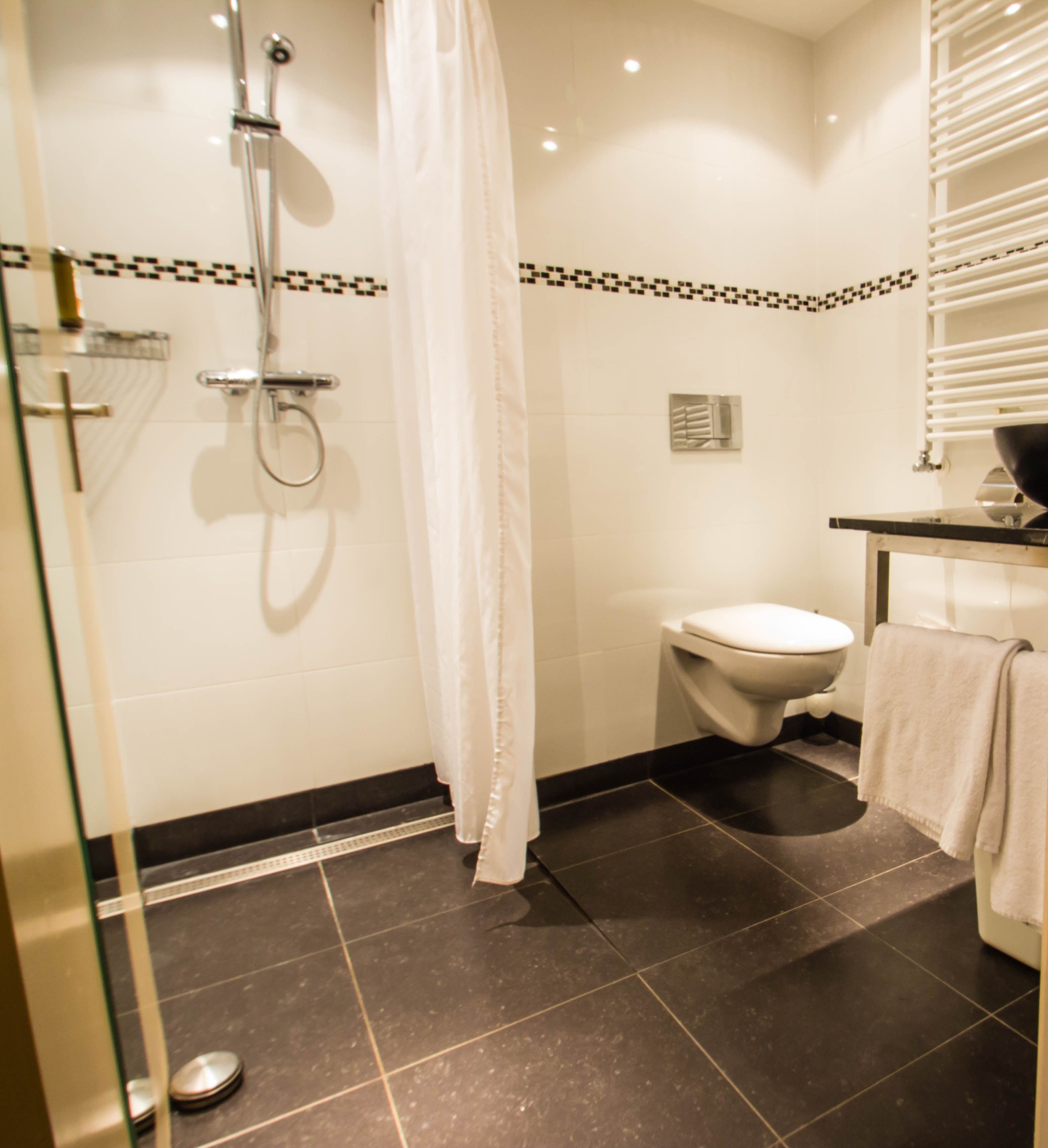 A bathroom with a shower, toilet, and a towel rack.