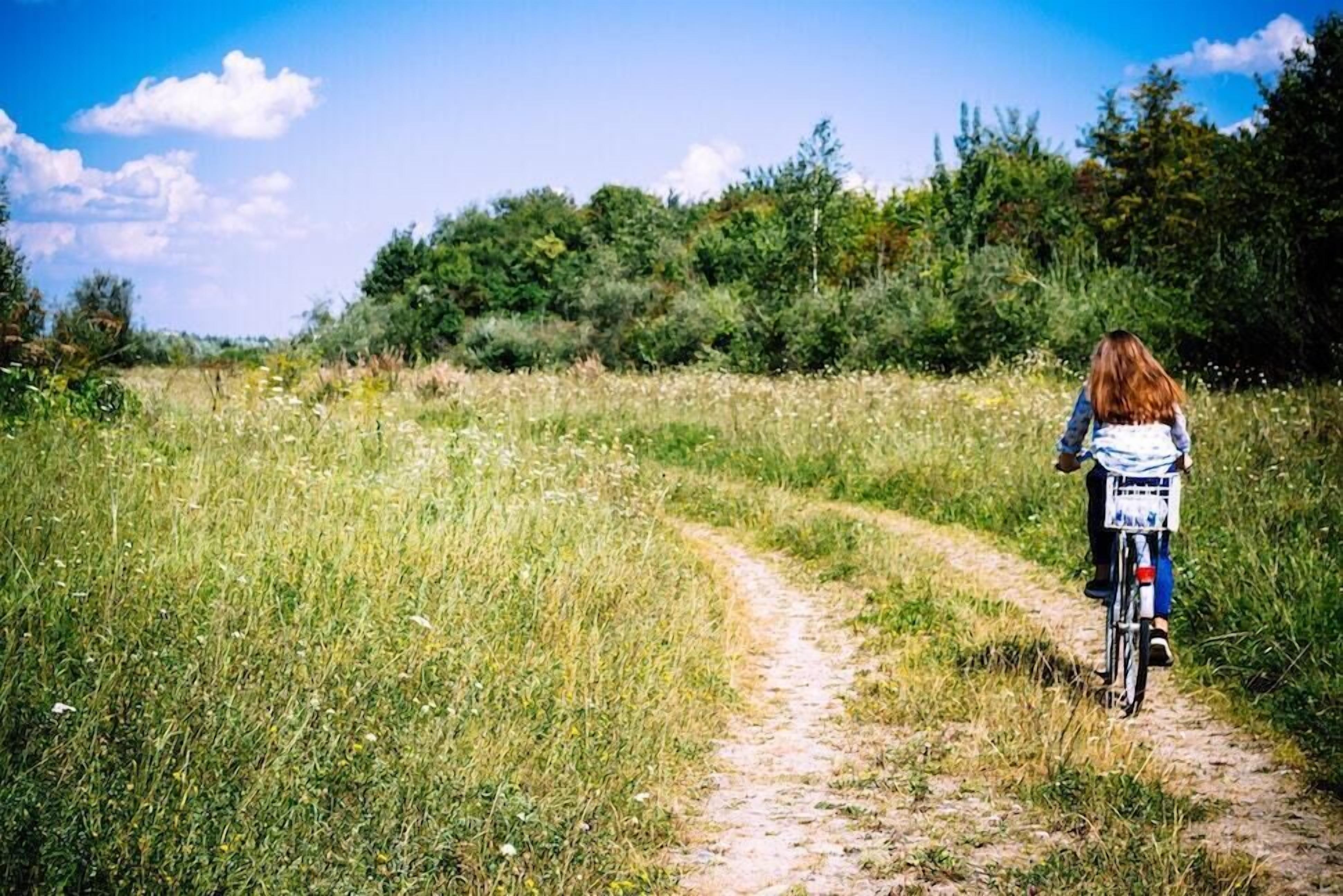 A person riding a bicycle on a dirt path through a grassy field with trees in the background.