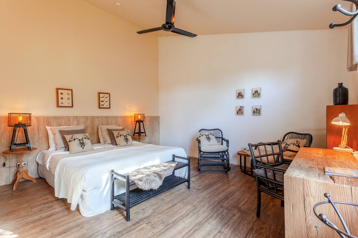 A bedroom with a bed, bedside tables, a chair, a desk, and a ceiling fan.