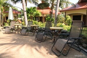 A resort with outdoor seating areas, including lounge chairs and tables, surrounded by tropical vegetation and palm trees. - Aqua-Landia Resort (Dauin)