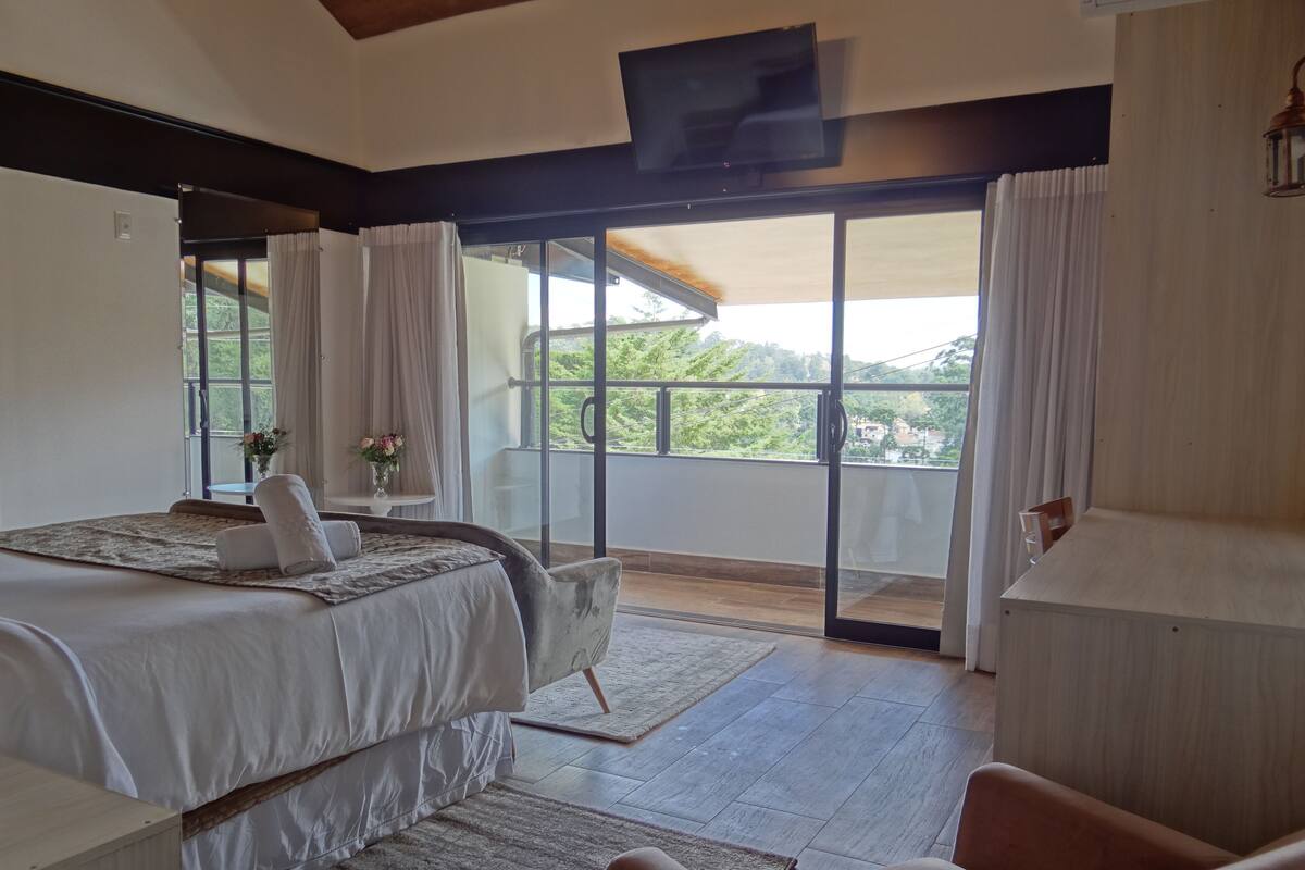 A bedroom with a bed, a chair, a TV, and a balcony with a view of greenery.