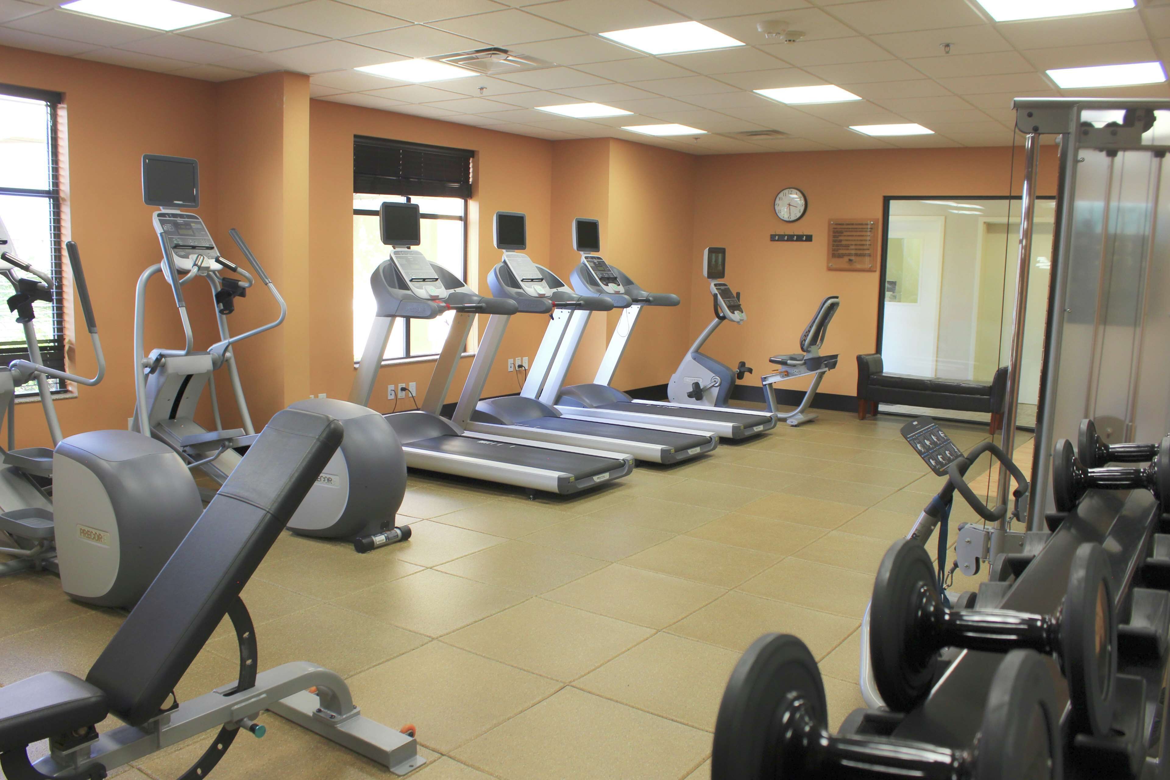 A gym with treadmills, elliptical machines, and weight benches.