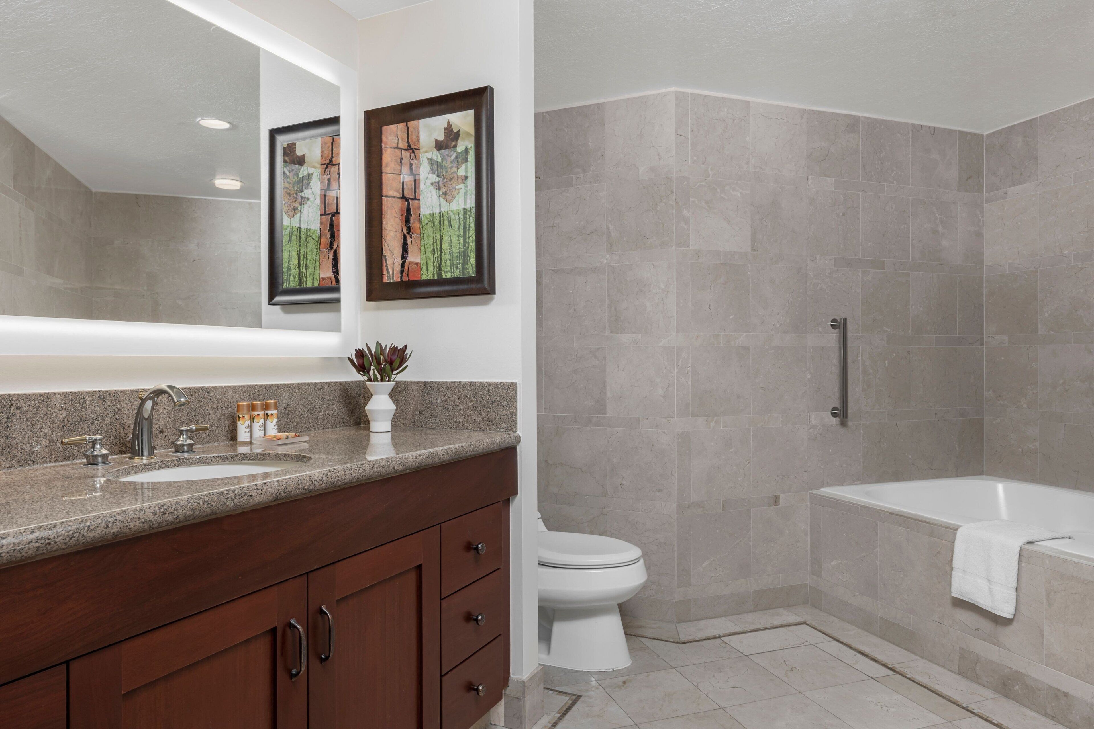 Un baño moderno con encimera de granito, un lavamanos blanco, un inodoro y una ducha a ras de suelo.