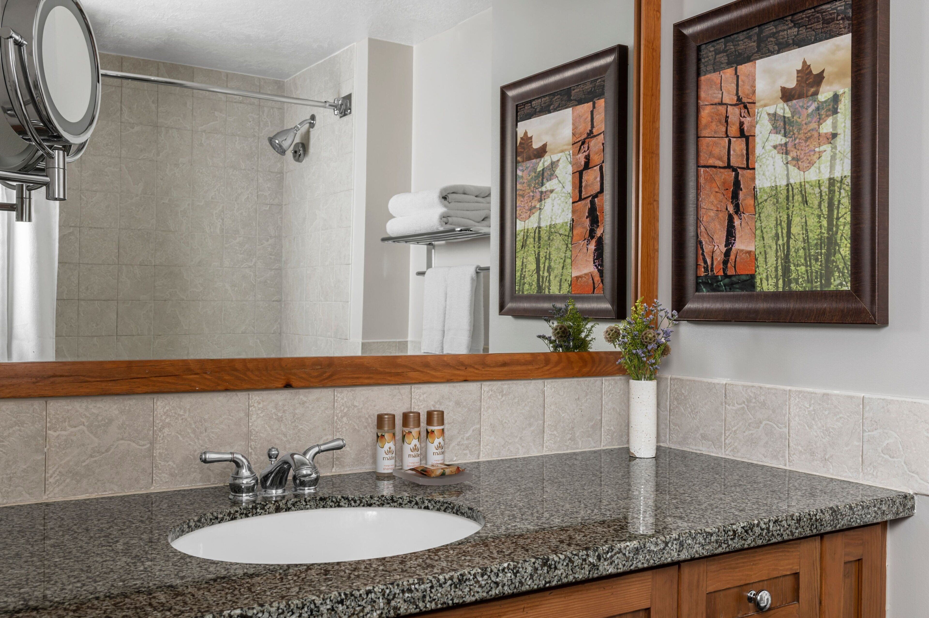Un baño con lavamanos de encimera de granito, un espejo, ducha y dos cuadros en la pared.