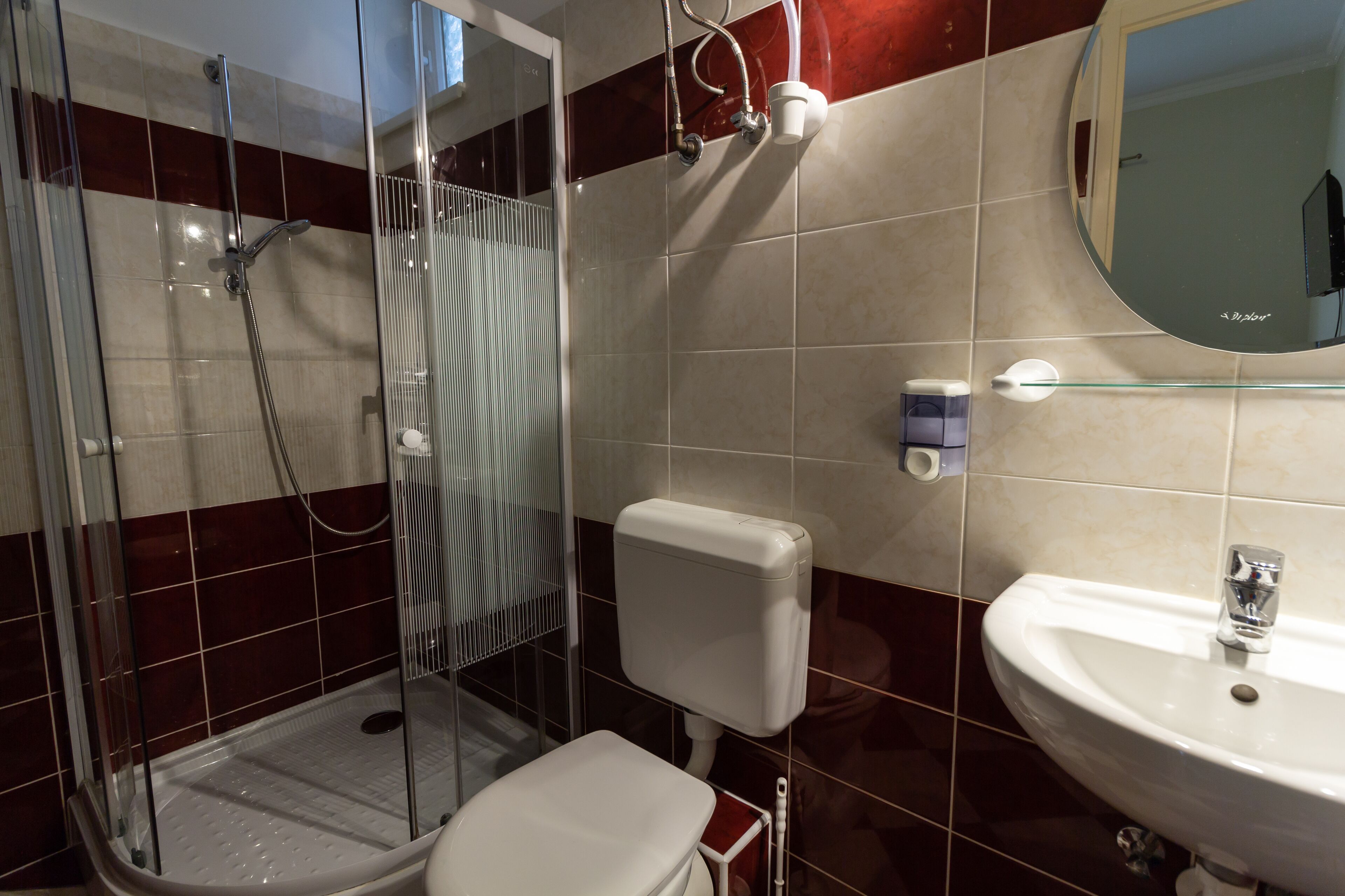 A bathroom with a glass-enclosed shower, a white toilet, and a sink with a mirror above it.