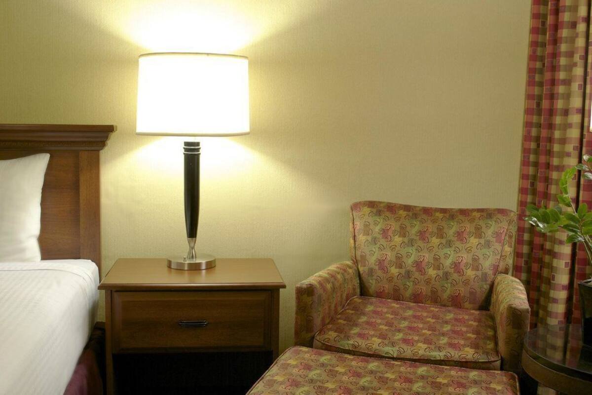 A hotel room with a bed, a nightstand with a lamp, a patterned armchair, and a potted plant.