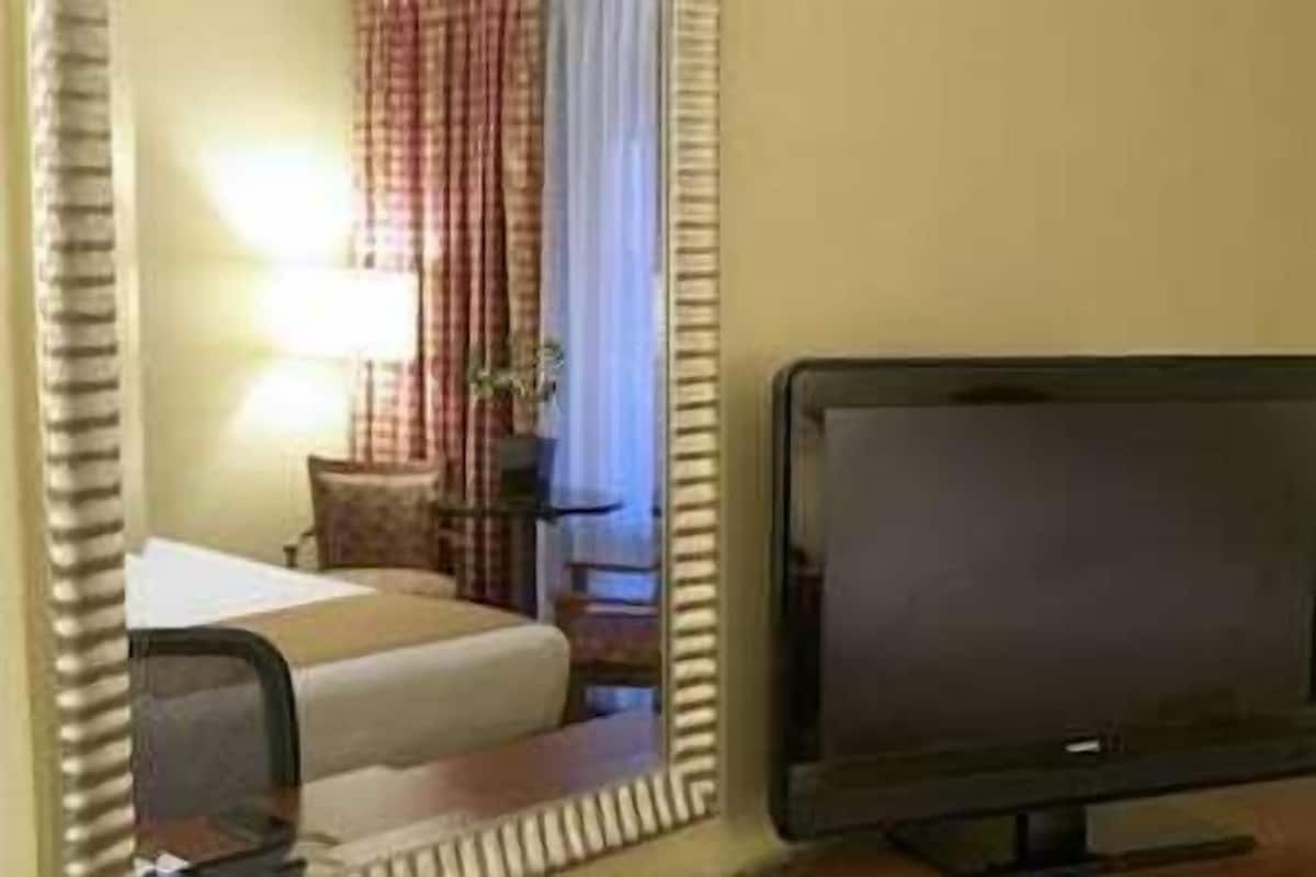 A hotel room with a bed, a television, and a mirror.