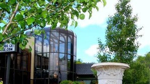 A modern building with a glass facade, surrounded by a landscaped garden with various plants and a classical-style urn.
