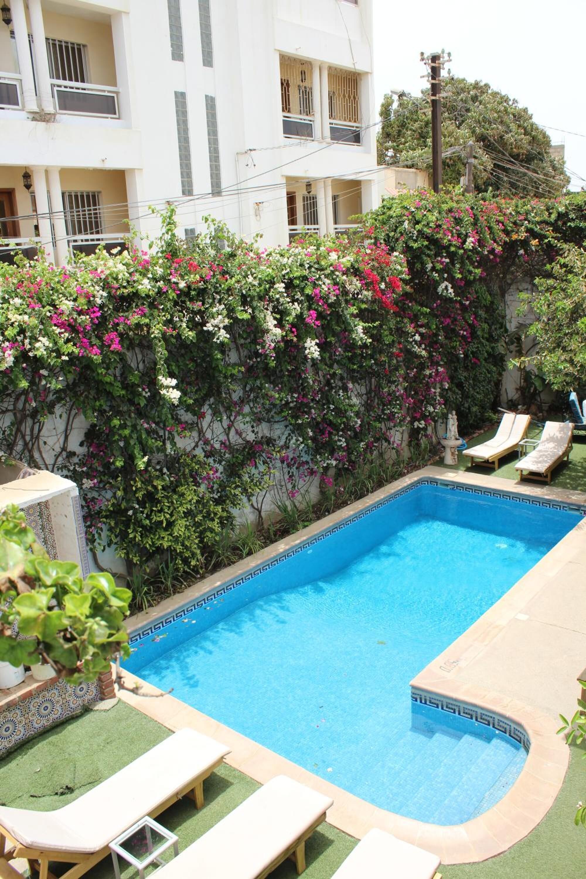 Una piscina con borde de azulejos, rodeada de sillas de descanso y una pared cubierta de plantas en flor.