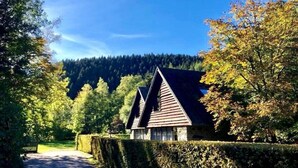 A traditional wooden house with a steeply pitched roof, surrounded by lush greenery and a forested hillside. - Le Val D'Arimont Resort (Malmedy)