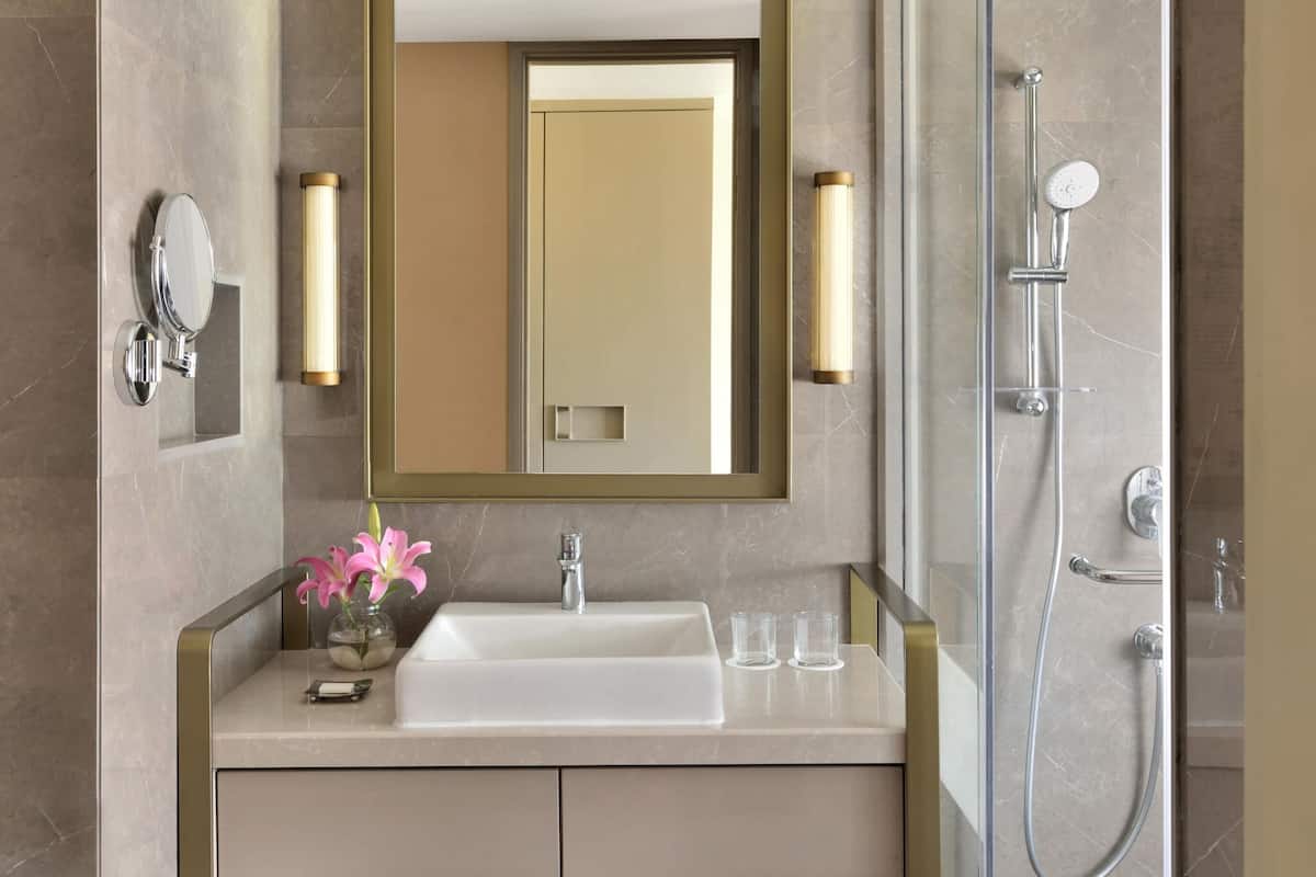 shower, rainfall showerhead, free toiletries, hair dryer