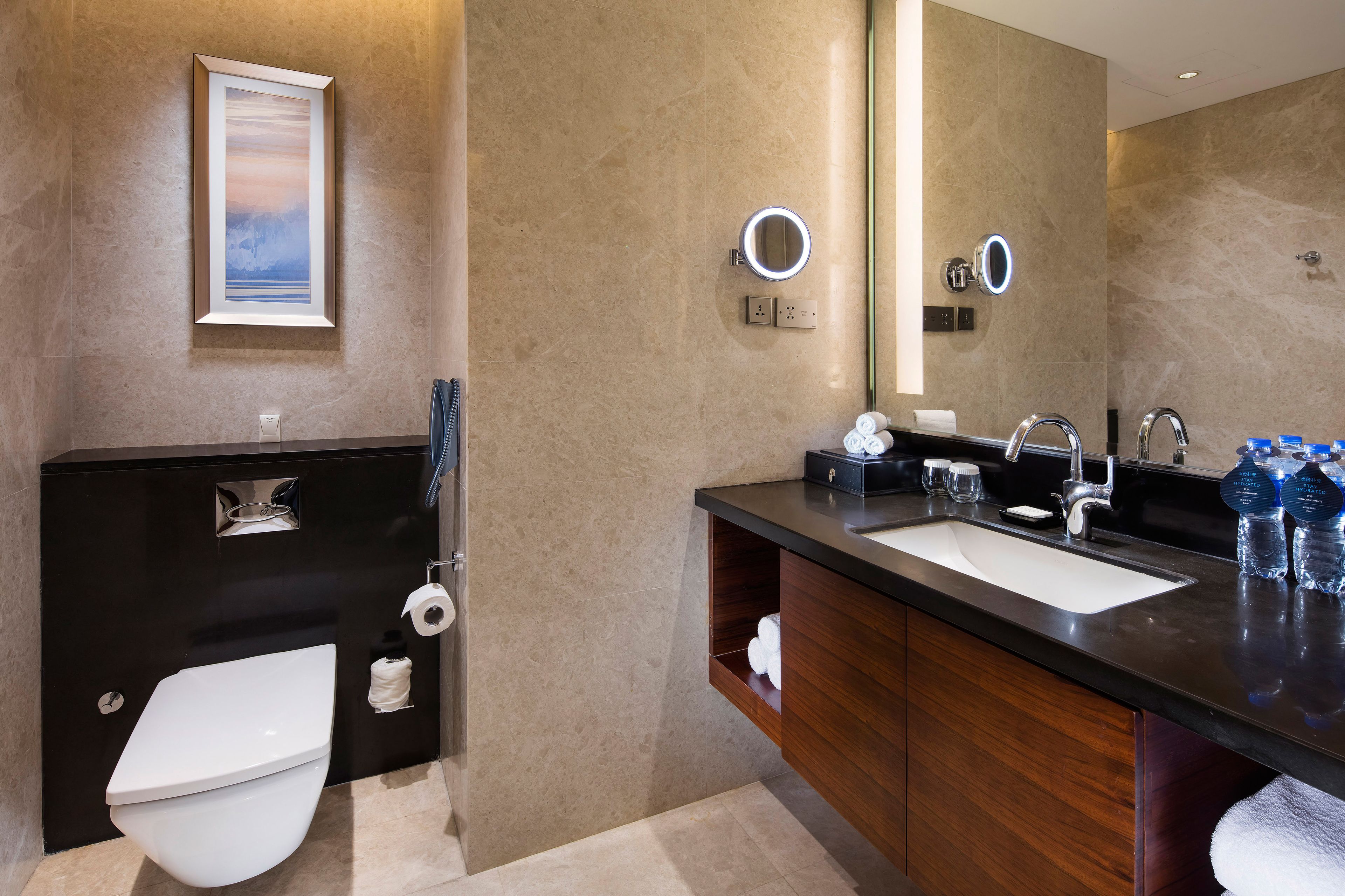A modern bathroom with a toilet, a sink with a mirror, and a framed picture on the wall.