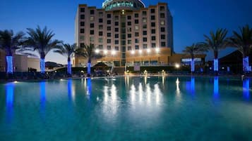 Outdoor pool, pool umbrellas, pool loungers