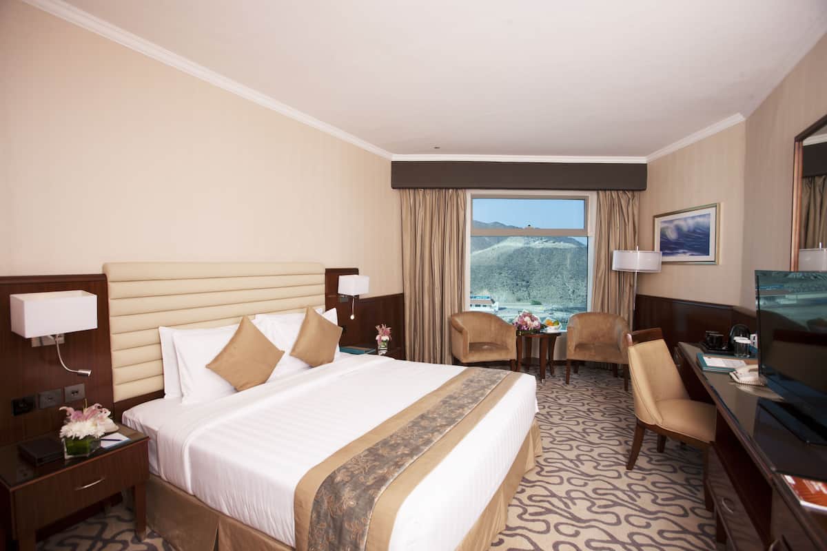 A hotel room with a large bed, two chairs, a desk, a TV, and a window with a mountain view.