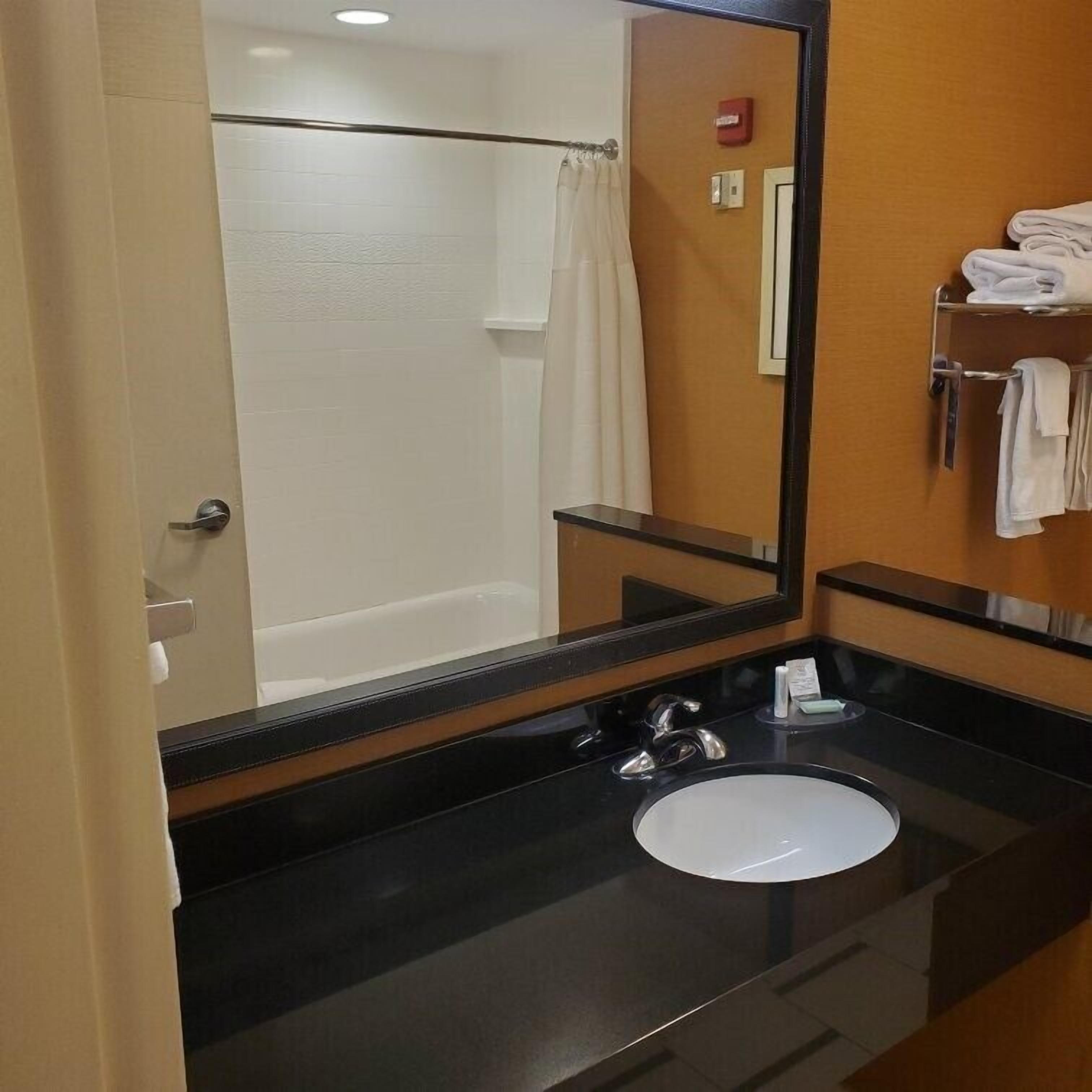 A bathroom with a black sink, a mirror, and a shower visible in the background.