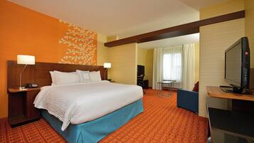 Desk, laptop workspace, blackout drapes, iron/ironing board