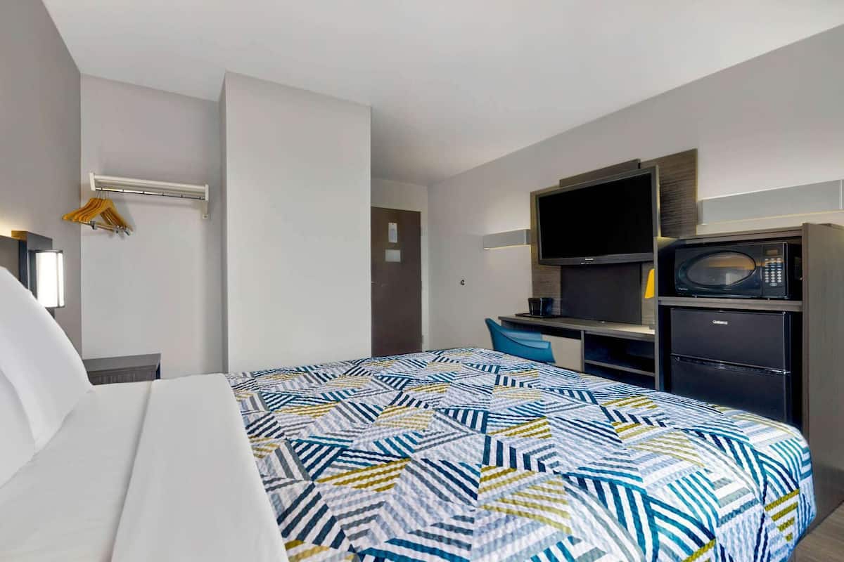 A hotel room with a bed, a desk, a television, and a minibar.