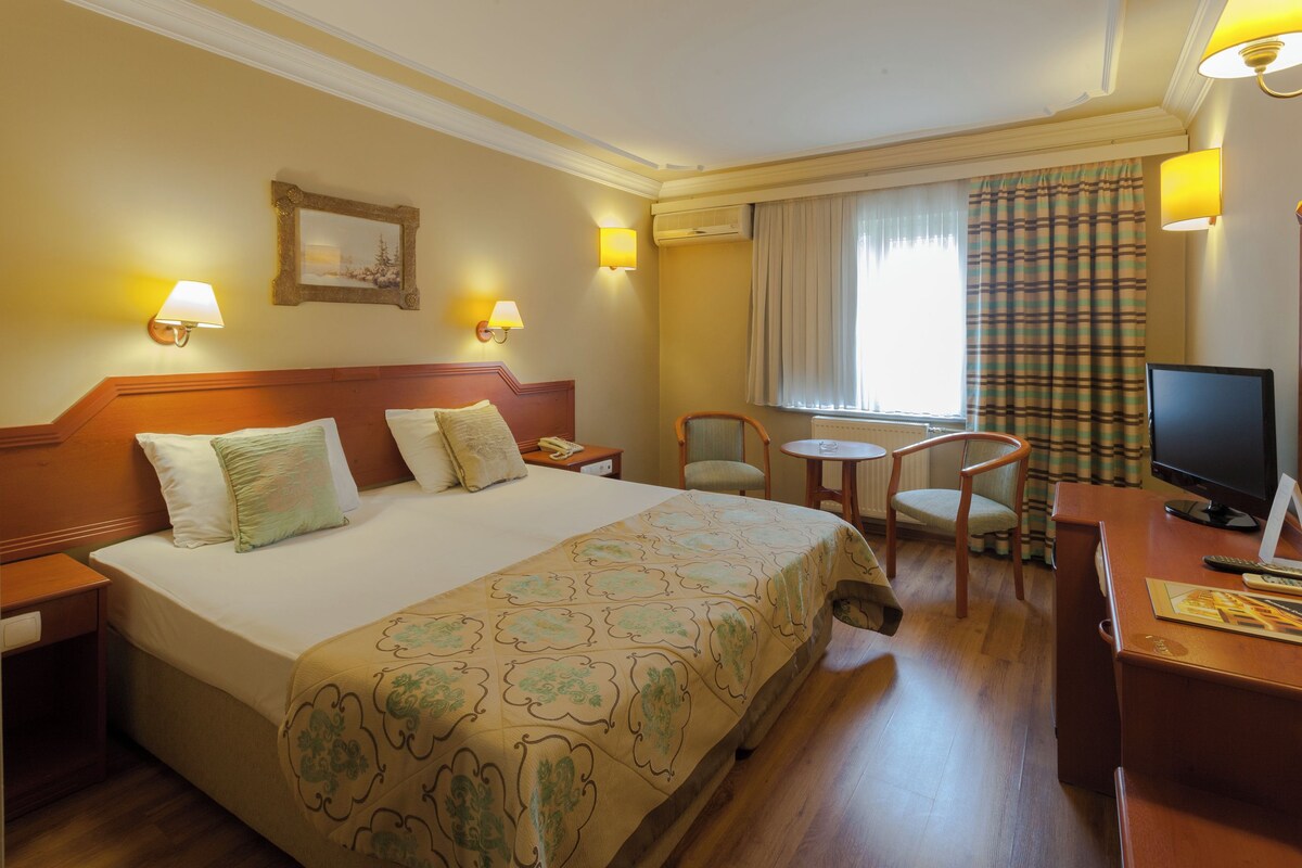 A hotel room with a large bed, bedside tables, a desk with a chair, a television, and a window with curtains.