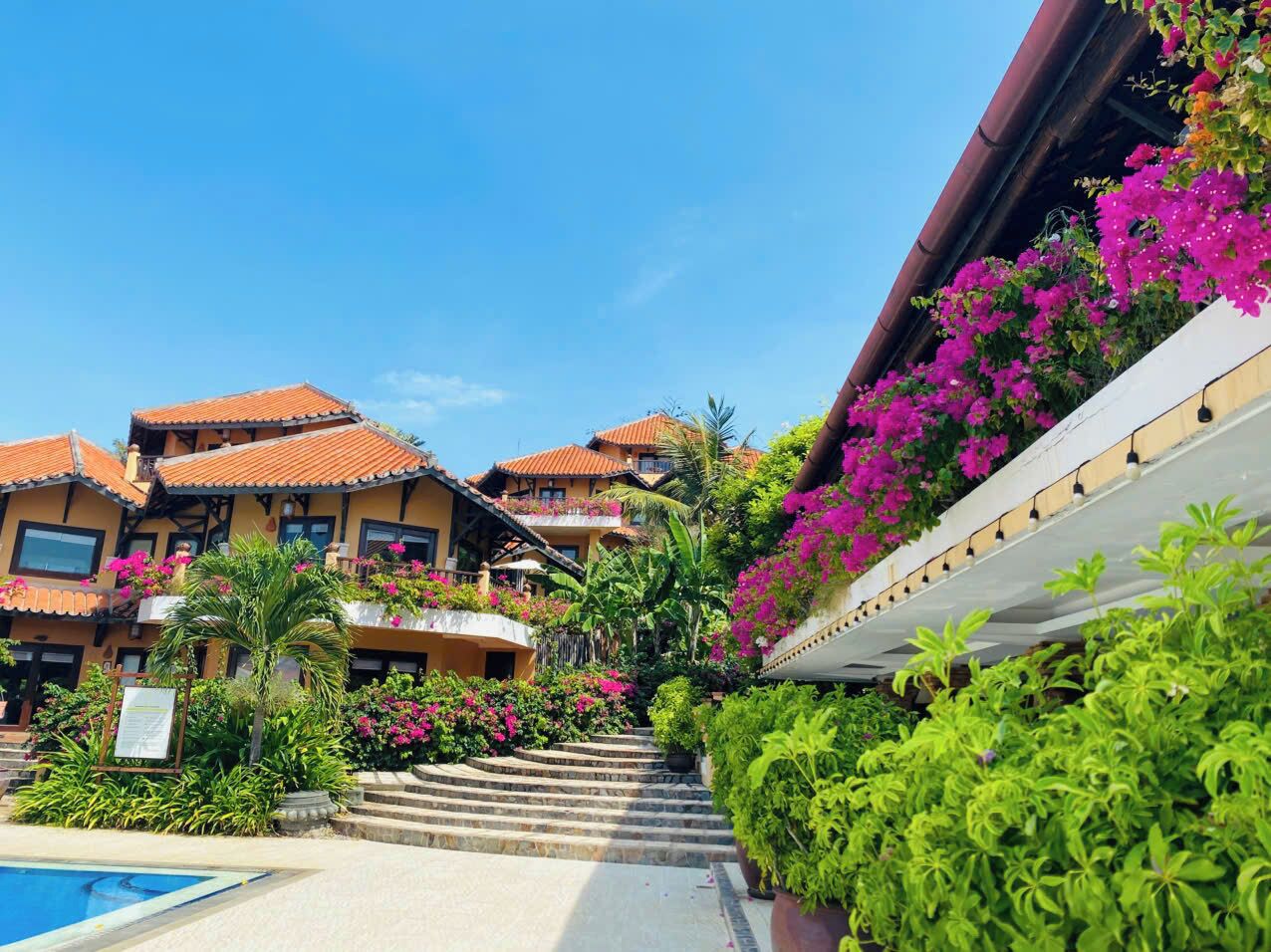 A hotel with multiple balconies, a swimming pool, and lush greenery.