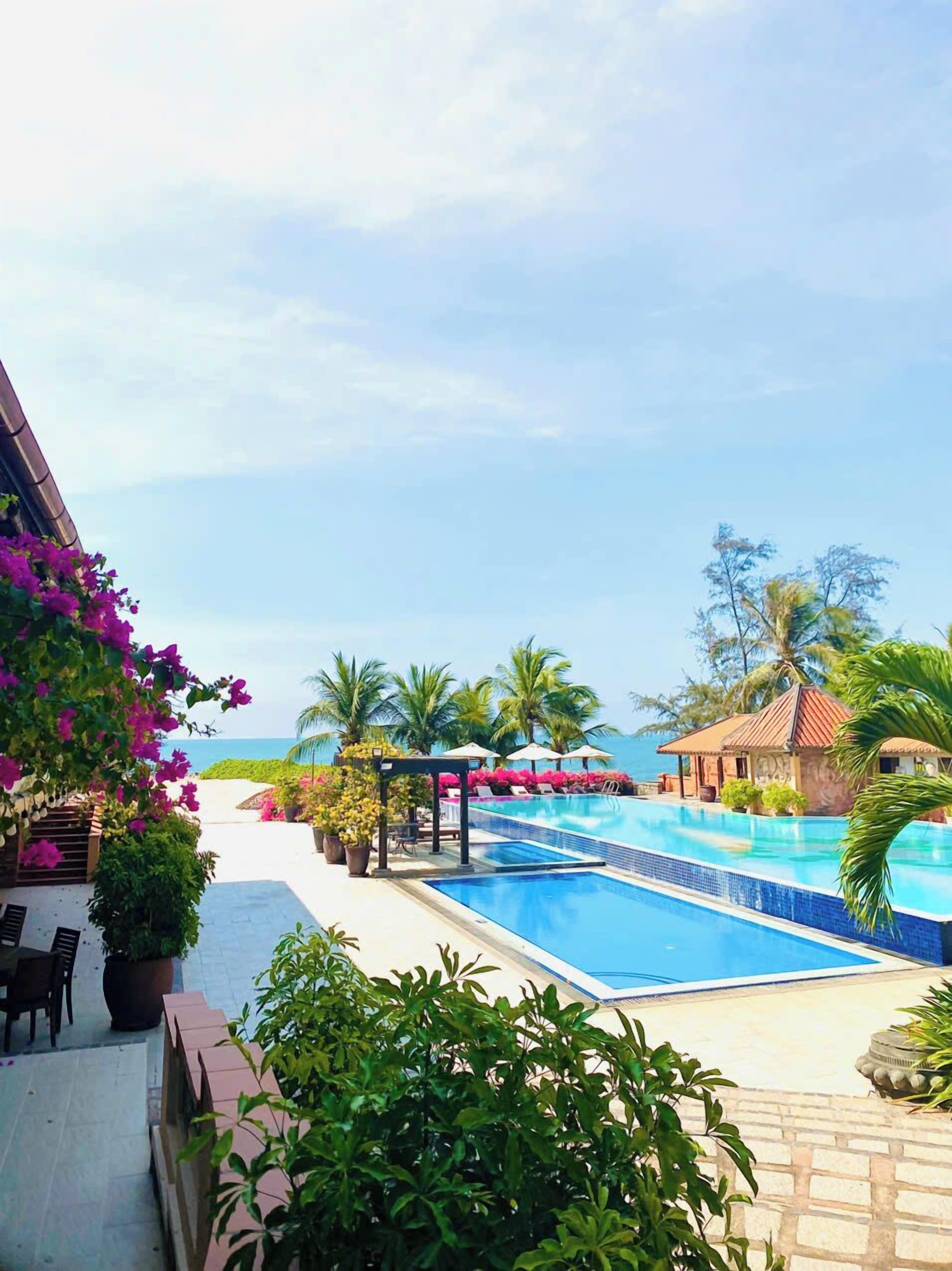 A resort pool area with a clear view of the ocean, surrounded by lush greenery and palm trees.