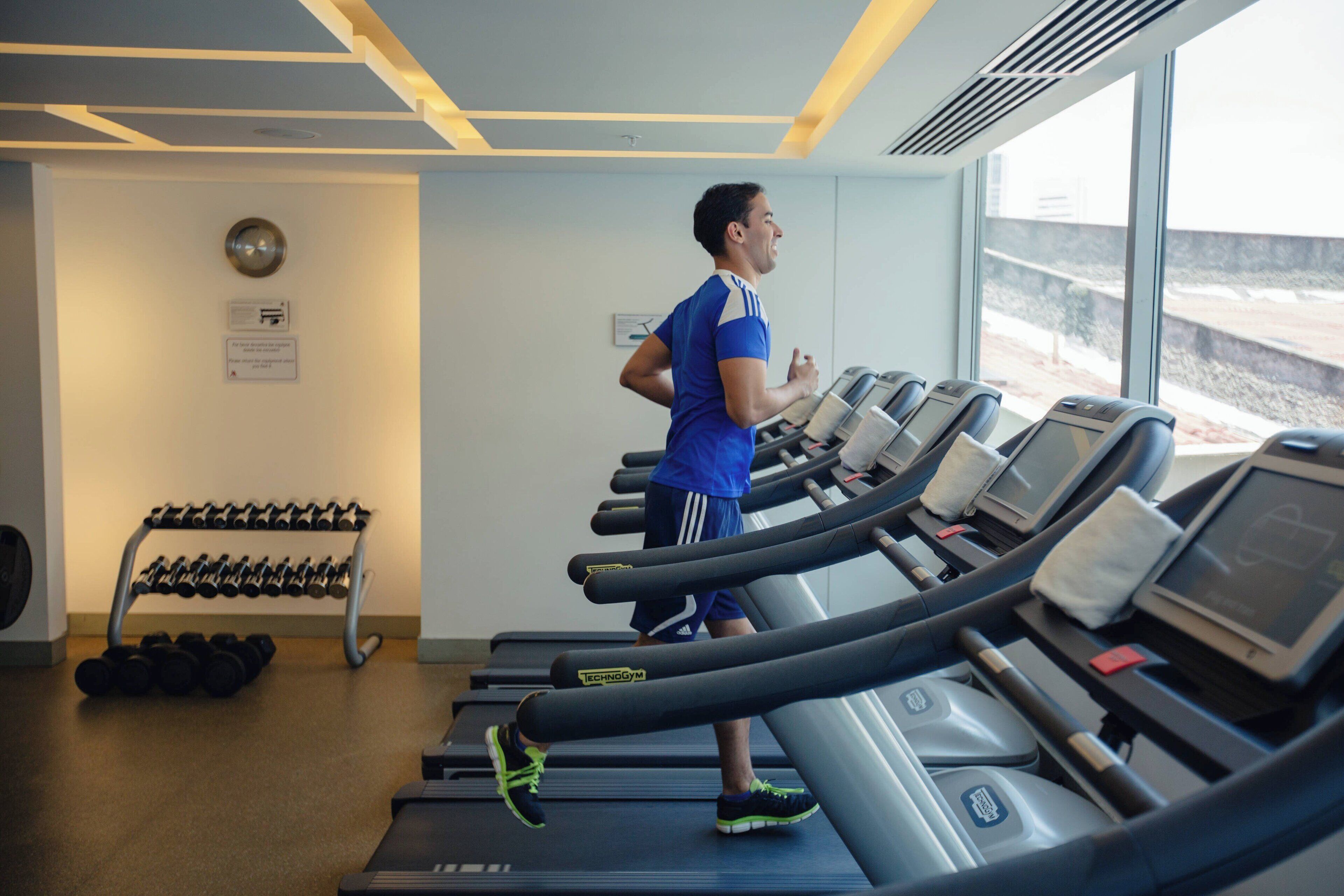 A gym with treadmills, a dumbbell rack, and a large window with a view of the outside.
