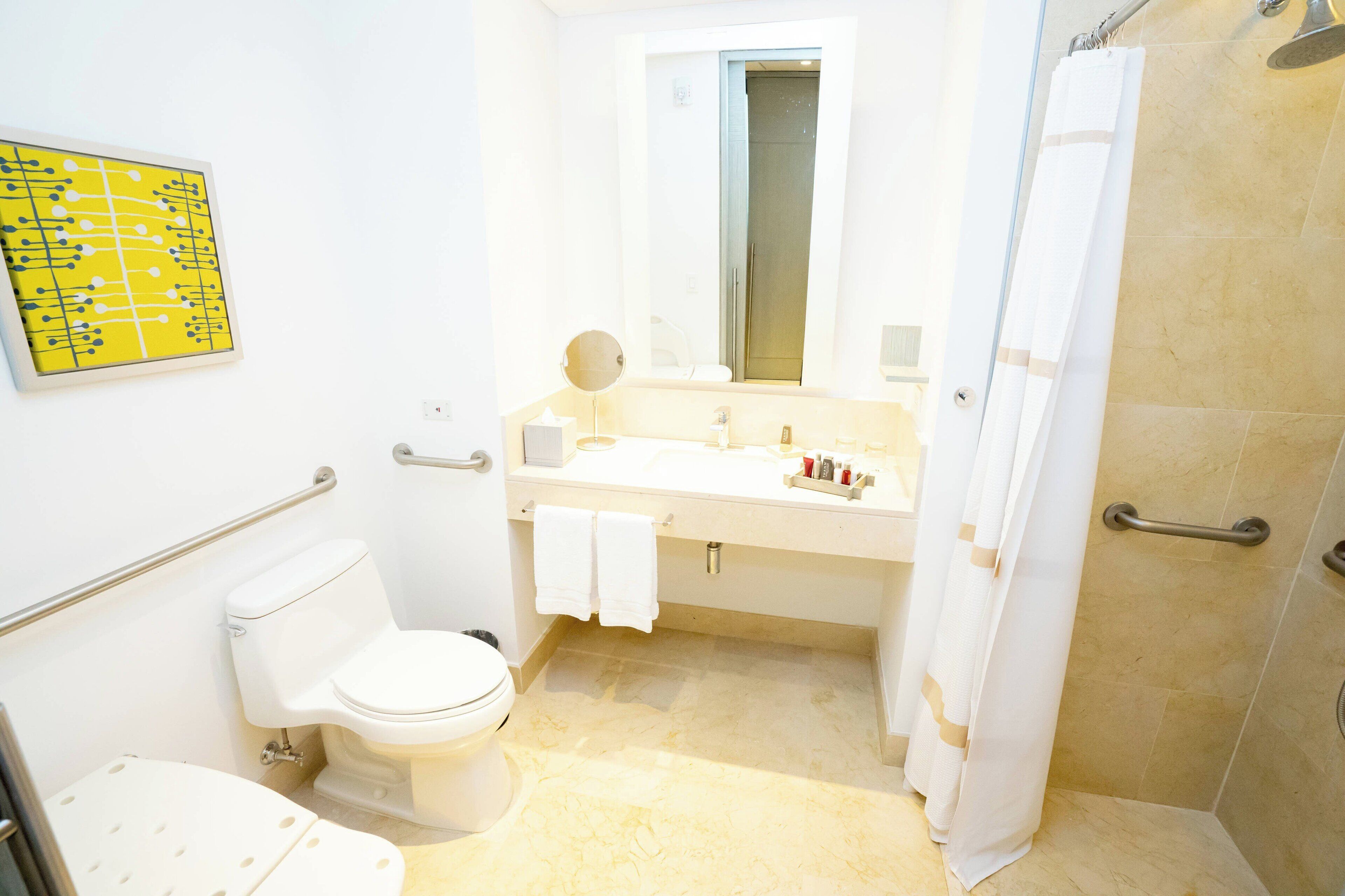 Une salle de bain équipée de toilettes, d’un lavabo, d’un miroir et d’une douche.