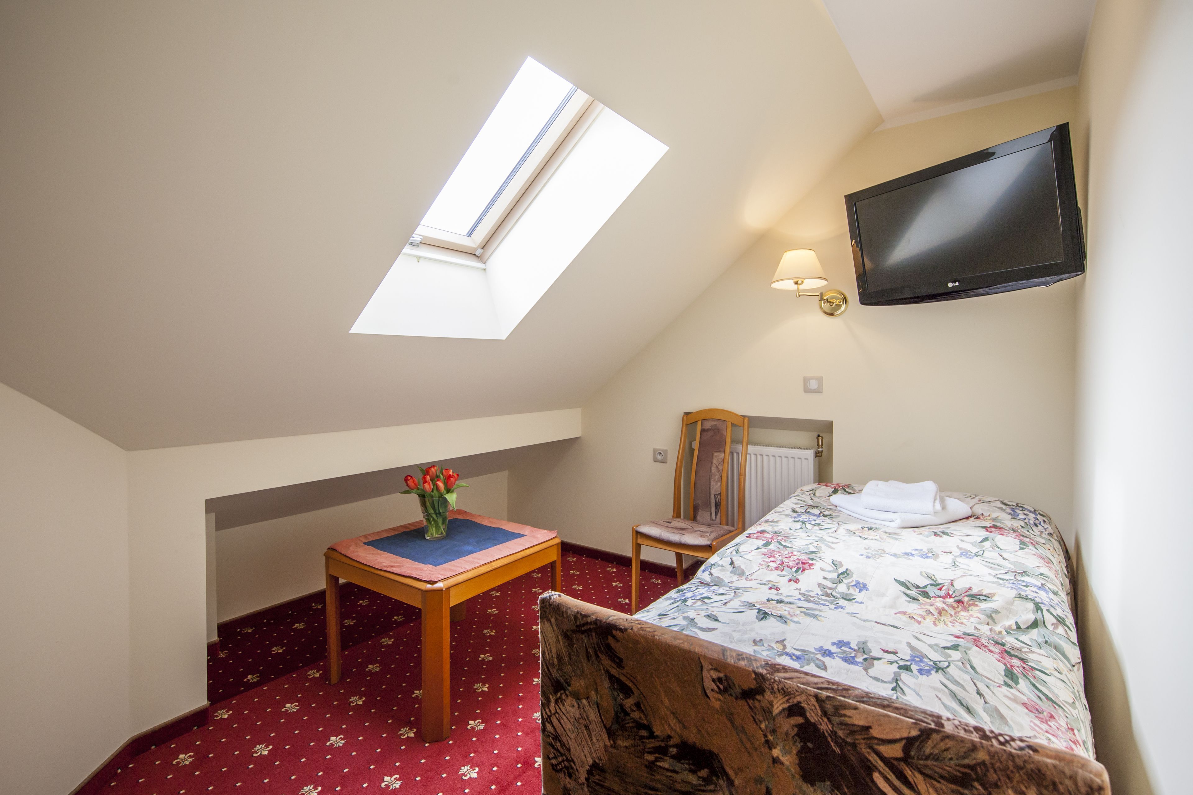 Una habitación con tragaluz, una cama, un televisor, una mesa con flores y una silla.